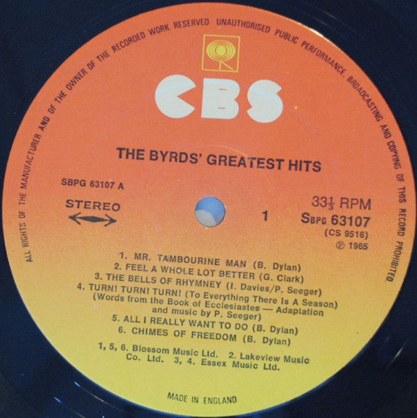 Image of Label Cover of LP - VG/VG+ - THE BYRDS, Greatest Hits (CBS Sunburst Labels; 63107, UK 1970s Reissue, Stereo), Clean glossy disc, One pinch to spine, Clean sleeve,  - 3916199C