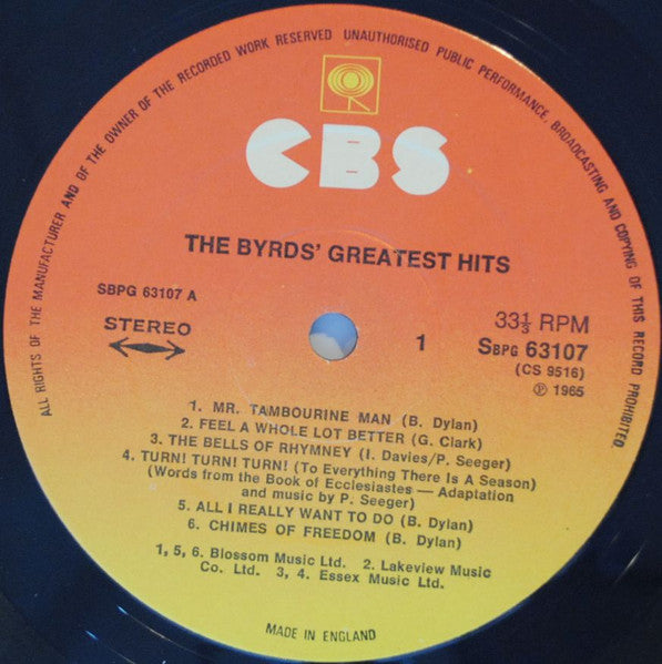 Image of Label Cover of 2444473S: LP - THE BYRDS, Greatest Hits (CBS Orange ; 63107, UK 1970s Reissue, Stereo) Creasing, light ring wear and discolouration  VG/VG+