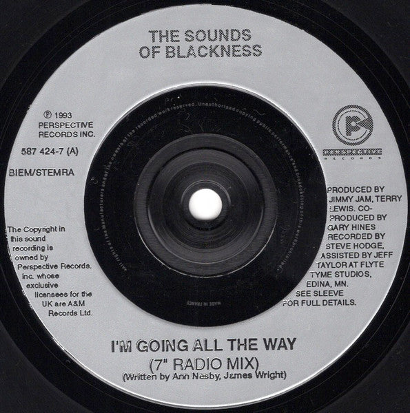 Image of Label Cover of 7" - VG/VG+ - SOUNDS OF BLACKNESS, I'm Going All The Way (7" Radio Mix) / I'm Going All The Way (Sasha's Chuff Chuff Edit) (A&M Records ; 587 424-7, UK 1993, Picture Sleeve), Sleeve has some wear,  - 3416281C