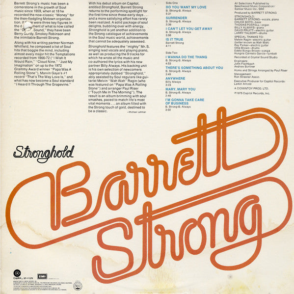 Image of Back Cover of 4224080E: LP - BARRETT STRONG, Stronghold (Capitol; E-ST11376, UK 1975) Strong VG+  VG/VG+