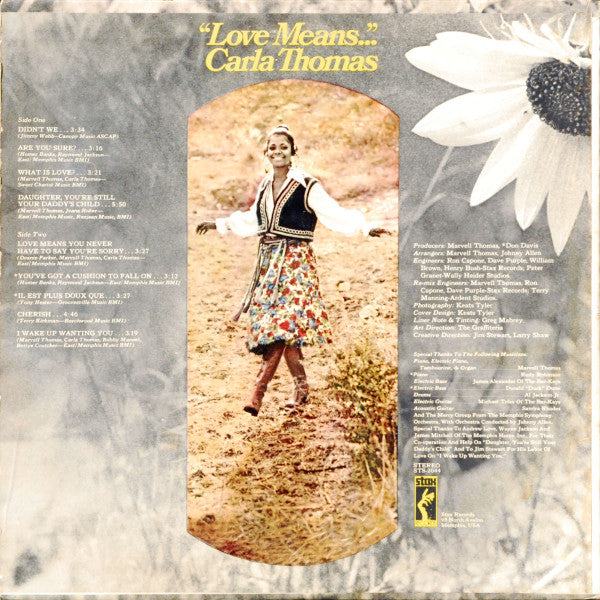 Image of Back Cover of 4224061E: LP - CARLA THOMAS, "Love Means..." (Stax (Monarch Pressing); STS-2044, US 1971, Pasteback Sleeve, Insert, Stereo) Still in shrinkwrap, lovely copy  VG+/VG+