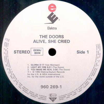 Image of Label Cover of LP - VG/VG+ - THE DOORS, Alive, She Cried (Elektra ; 960 269-1, Europe 1980s Reissue), Sleeve Creased,  - 3926441E
