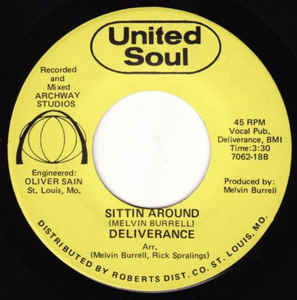 Image of Front Cover of 3754129S: 7" - DELIVERANCE, Loving You / Sittin' Around (United Soul; 7062-18, US 1977, Plain sleeve) Light marks only.  /VG+