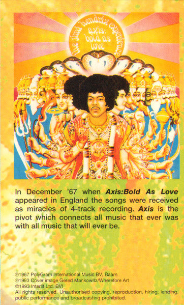 Image of Back Cover of Cassette - VG/VG+ - THE JIMI HENDRIX EXPERIENCE, Axis: Bold As Love (Polydor ; 847 243-4, Europe 1993 Reissue, J-Card, Clear Shell, "Made In Holland"), Spine slightly faded.,  - 3216179C