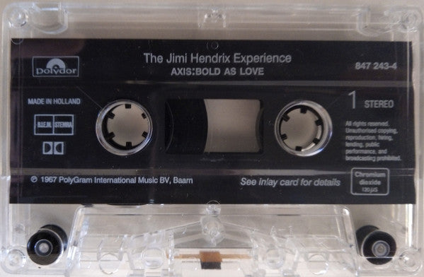 Image of Label Cover of Cassette - VG/VG+ - THE JIMI HENDRIX EXPERIENCE, Axis: Bold As Love (Polydor ; 847 243-4, Europe 1993 Reissue, J-Card, Clear Shell, "Made In Holland"), Spine slightly faded.,  - 3216179C