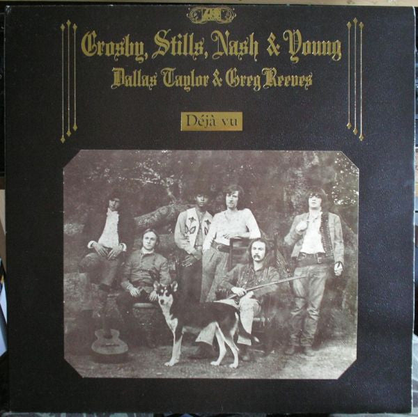 Image of Front Cover of LP - VG/G+ - CROSBY, STILLS, NASH & YOUNG, Deja Vu (Atlantic Plum & Orange; 2401 001, UK 1970, Faux-Leather Gatefold with Glued-on Photo, With 'Produced by Crosby Stills Nash & Young' song titles on Labels), Hairlines, edge wear, "Gold Record Award" sticker on front,  - 4146019S