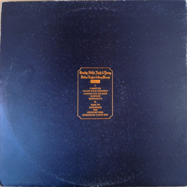 Image of Back Cover of LP - VG/G+ - CROSBY, STILLS, NASH & YOUNG, Deja Vu (Atlantic Plum & Orange; 2401 001, UK 1970, Faux-Leather Gatefold with Glued-on Photo, With 'Produced by Crosby Stills Nash & Young' song titles on Labels), Hairlines, edge wear, "Gold Record Award" sticker on front,  - 4146019S