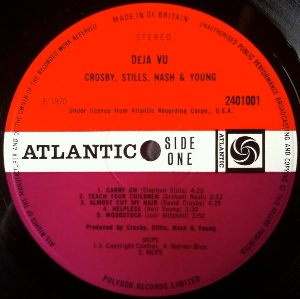 Image of Label Cover of LP - VG/G+ - CROSBY, STILLS, NASH & YOUNG, Deja Vu (Atlantic Plum & Orange; 2401 001, UK 1970, Faux-Leather Gatefold with Glued-on Photo, With 'Produced by Crosby Stills Nash & Young' song titles on Labels), Hairlines, edge wear, "Gold Record Award" sticker on front,  - 4146019S