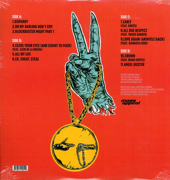 Image of Back Cover of 2xLP - VG+/VG - RUN THE JEWELS, Run The Jewels 2 (Mass Appeal; MSAP0019LP, US 2015, Gatefold, Insert, Poster, Sticker Set, Pink Vinyl), Still In Stickered Shrinkwrap, Limited pink vinyl pressing, part of Ten Bands One Cause in honor of Breast Cancer Awareness Month. The vinyls appear (some of them or maybe all, unsure) to be red in color & not actually pink. - 2626090E