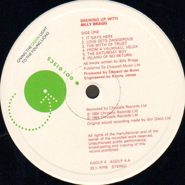 Image of Label Cover of LP - VG/VG - BILLY BRAGG, Brewing Up With Billy Bragg (Go! Discs ; AGOLP 4, UK 1984, PRS Pressing. "Giving The Green Light To The Young Lions" Label Text), Strong VG,  - 1716454C