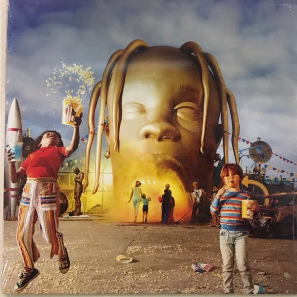 Image of Front Cover of 2xLP - NEW/NEW - TRAVIS SCOTT, Astroworld (Epic; 19075888361, Europe 2018, 2 Inners), , The Weeknd, Kid Cudi, Frank Ocean, Drake, James Blake, Philip Bailey, 21 Savage, Swae Lee, Gunna, Nav, Quavo, Takeoff, Juice Wrld, Sheck Wes, and Don Toliver all contribute vocals to the album. Multiple producers worked on the album, including Scott, Mike Dean, Allen Ritter, Hit-Boy, WondaGurl, Tay Keith, Tame Impala, Frank Dukes, Sonny Digital, Murda Beatz, and Thundercat. It has the "Butterfly E