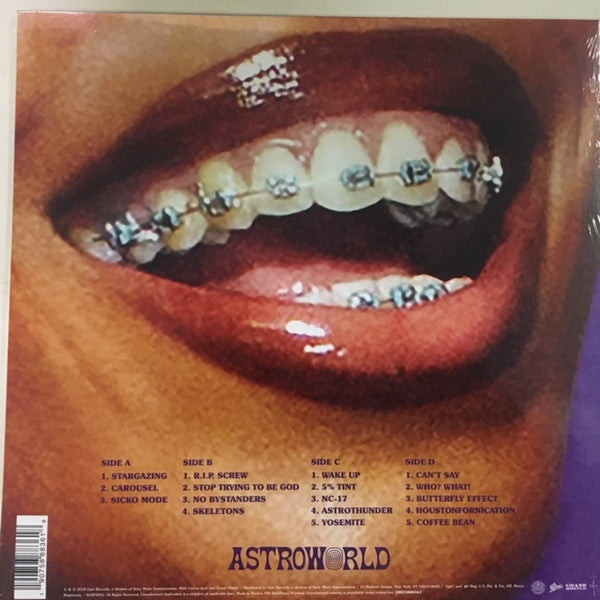Image of Back Cover of 2xLP - NEW/NEW - TRAVIS SCOTT, Astroworld (Epic; 19075888361, Europe 2018, 2 Inners), , The Weeknd, Kid Cudi, Frank Ocean, Drake, James Blake, Philip Bailey, 21 Savage, Swae Lee, Gunna, Nav, Quavo, Takeoff, Juice Wrld, Sheck Wes, and Don Toliver all contribute vocals to the album. Multiple producers worked on the album, including Scott, Mike Dean, Allen Ritter, Hit-Boy, WondaGurl, Tay Keith, Tame Impala, Frank Dukes, Sonny Digital, Murda Beatz, and Thundercat. It has the "Butterfly Ef