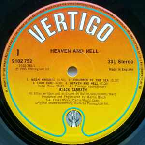 Image of Label Cover of LP - VG/VG - BLACK SABBATH, Heaven And Hell (Vertigo; 9102 752, UK 1980, Essex Music / Carlin Music), Light wispy marks only, Light sticker damage to sleeve. ,  - 0816334C