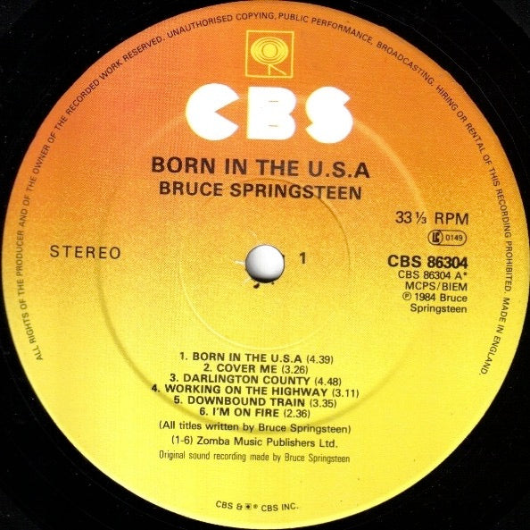 Image of Label Cover of 1524320E: LP - BRUCE SPRINGSTEEN, Born In The U.S.A. (CBS ; CBS 86304, UK 1984, Inner & Insert, No Barcode, CBS At Bottom Of Label) A7/B6  VG/VG