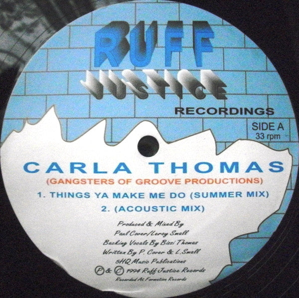 Image of Front Cover of 4114233C: 12" - CARLA THOMAS, Things Ya Make Me Do (Ruff Justice Records ; RUFF-003, UK 1994, Company Sleeve) Labels slightly worn and discoloured. Sleeve worn at edges and corners  VG/VG