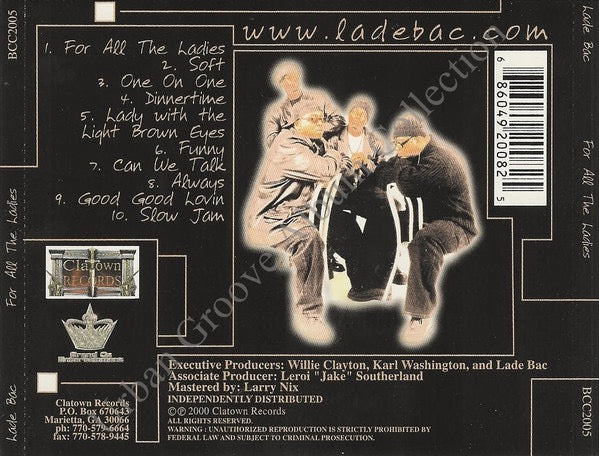 Image of Back Cover of CD - VG+/VG - LADE BAC, For All The Ladies (Clatown Records ; BCC2005, US 2000, Jewel Case), ,  - 2316466C