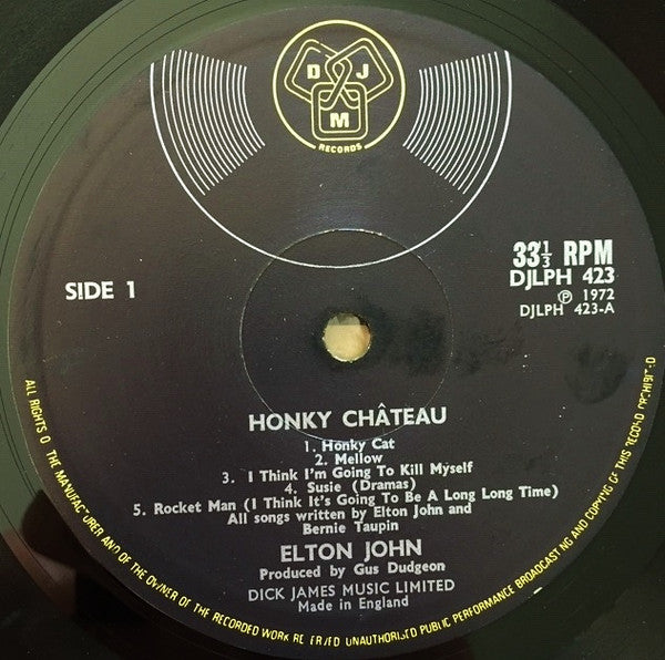 Image of Label Cover of LP - VG+/VG+ - ELTON JOHN, Honky Ch teau (DJM Records; DJLPH 423, UK 1972, Textured Gatefold Sleeve, Translucent purple when held up to the light, No Stereo Under Cat No On Label, Made in England at Bottom Of Label), ,  - 4026191E