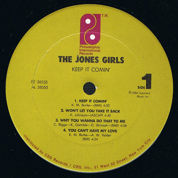 Image of Label Cover of LP - VG/VG - THE JONES GIRLS, Keep It Comin' (Philadelphia International Records; FZ 38555, US 1984), Solid VG throughout!,  - 2616148C