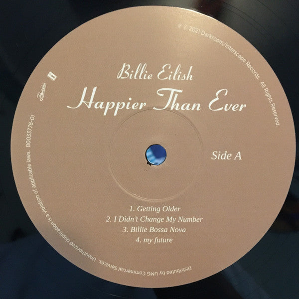 Image of Label Cover of 2xLP - NEW/NEW - BILLIE EILISH, Happier Than Ever (Darkroom; 3597354, USA & Europe 2021, Gatefold, 2 Inners, 100% Black Recycled Vinyl), , Consisting of torch songs about the downsides of stardom, "Happier Than Ever" draws heavily from Eilish's rise to fame and the drawbacks that come with it. Upon release, the album collected acclaim from music critics, who praised its stylistic, restrained production, and insightful lyrics. At the 64th Annual Grammy Awards, the album and its title 