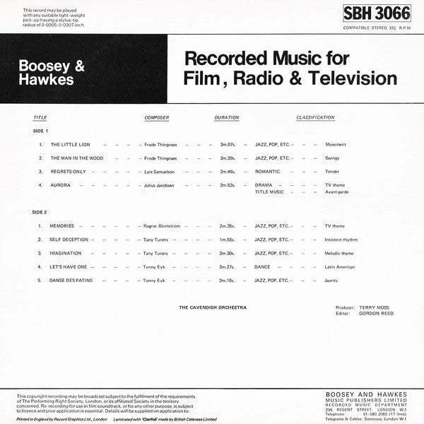 Image of Back Cover of 4644301S: LP - THE CAVENDISH ORCHESTRA, Recorded Music For Film, Radio & Television (Boosey & Hawkes ; SBH 3066, UK 1975, Laminated Sleeve) Edge and Ring Wear  VG/VG+