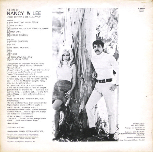 Image of Back Cover of LP - VG+/VG - NANCY SINATRA AND LEE HAZLEWOOD, Nancy And Lee (Reprise Tan, No WB Logo; K 44126, UK 1971 Reissue, Stereo), ,  - 2926072E
