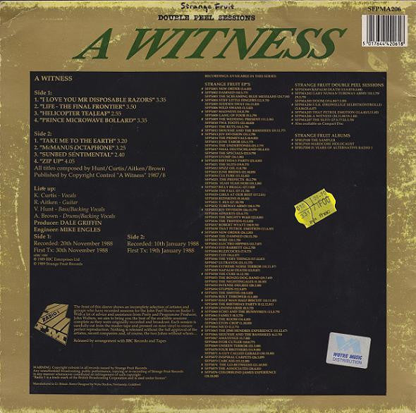 Image of Back Cover of LP - VG/VG - A WITNESS, Double Peel Sessions (Strange Fruit ; SFPMA206, UK 1989), With Press Release sheet, Light marks, edge & ring wear,  - 4246009S