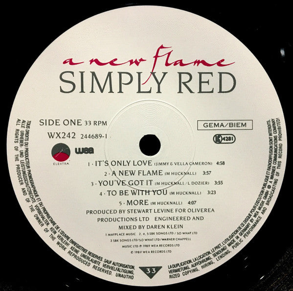 Image of Label Cover of LP - VG+/VG+ - SIMPLY RED, A New Flame (Elektra  ; WX 242, UK 1989, Inner, RSA Press), ,  - 2116487C