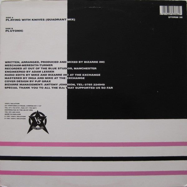 Image of Back Cover of 12" - VG/VG - BIZARRE INC, Playing With Knives / Plutonic (Vinyl Solution ; STORM 38, UK 1991, Picture Sleeve), ,  - 3026281E