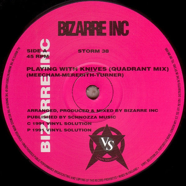 Image of Label Cover of 12" - VG/VG - BIZARRE INC, Playing With Knives / Plutonic (Vinyl Solution ; STORM 38, UK 1991, Picture Sleeve), ,  - 3026281E