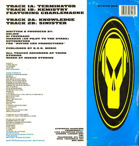 Image of Back Cover of 12" - G/G+ - METALHEADS, Terminator (Synthetic; SYNTH 003, UK 1992, Picture Sleeve), Lots of light surface marks, very minor warp. Sleeve has ring & edgewear, plus split to the closed side.,  - 2526243E