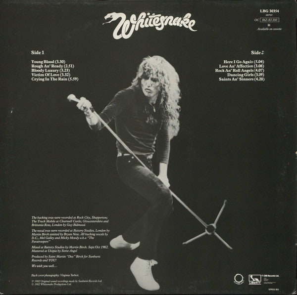 Image of Back Cover of LP - VG/G+ - WHITESNAKE, Saints and Sinners (Sunburst; LBG 30354, UK 1982, Inner, With Merch Insert.), Light Marks only.,  - 1816498C