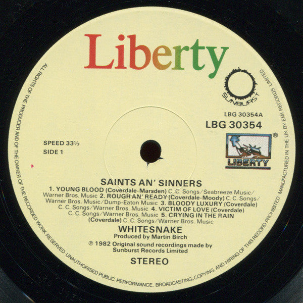 Image of Label Cover of 5015110C: LP - WHITESNAKE, Saints and Sinners (Sunburst; LBG 30354, UK 1982, Inner, With Merch Insert.) Strong VG Throughout, With inner and merch insert  VG/VG