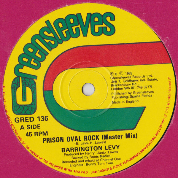 Image of Front Cover of 12" - VG+/VG+ - BARRINGTON LEVY / ROOTS RADICS, Prison Oval Rock / Dubplate Mix (Greensleeves Records; GRED 136, UK 1983, Company Sleeve), ,  - 2816296C