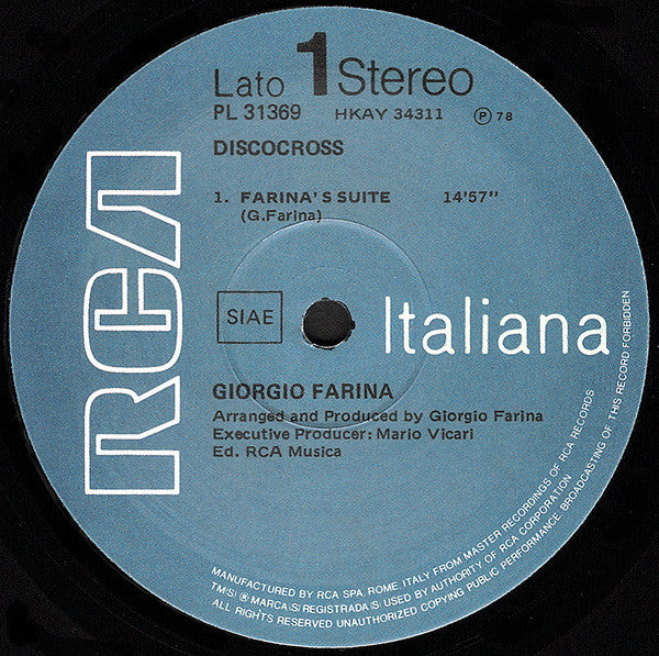 Image of Label Cover of LP - VG/VG - GIORGIO FARINA, Discocross (Not On Label; DISCO001T, Italy 2007 Reissue, Unofficial Release), Edge Wear, A Farina's Suite 14:57B1 Tawawa's 5:52B2 Suite Slide Return 10:05 - 1646211S