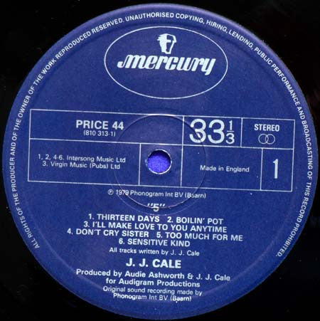Image of Label Cover of LP - VG+/VG+ - J.J. CALE, 5 (Mercury ; PRICE 44, UK 1983 Reissue), ,  - 3726359E
