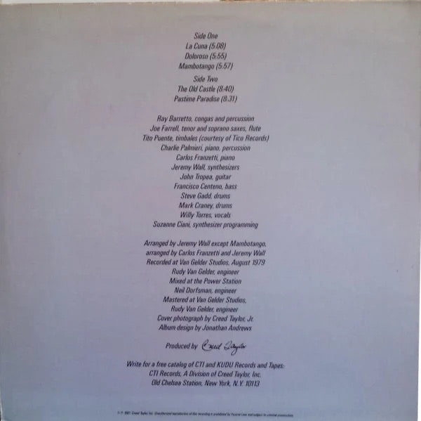 Image of Back Cover of LP - VG/VG - RAY BARRETTO, La Cuna (CTI; CTI9002, US 1981, Glossy Sleeve, Company Inner), Light hairlines. Heavy edgewear. ,  - 3926373E