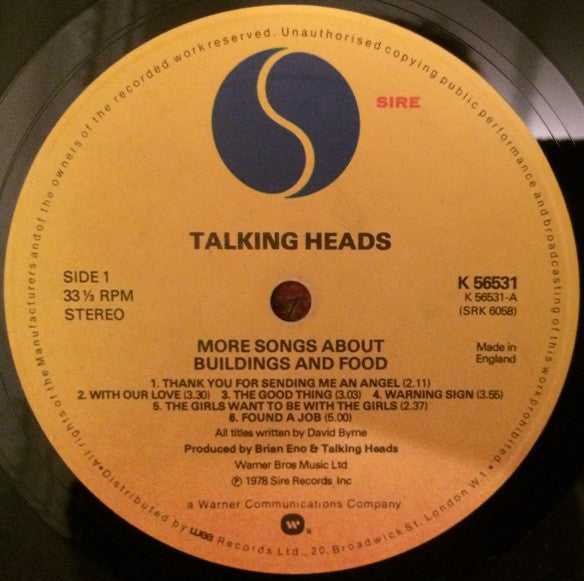 Image of Label Cover of LP - G+/G+ - TALKING HEADS, More Songs About Buildings And Food (Sire; K56531, UK 1978, Inner, Artist and Title printed on White band on Sleeve. ), A few small spine splits. Light marks on disc.,  - 3746136S