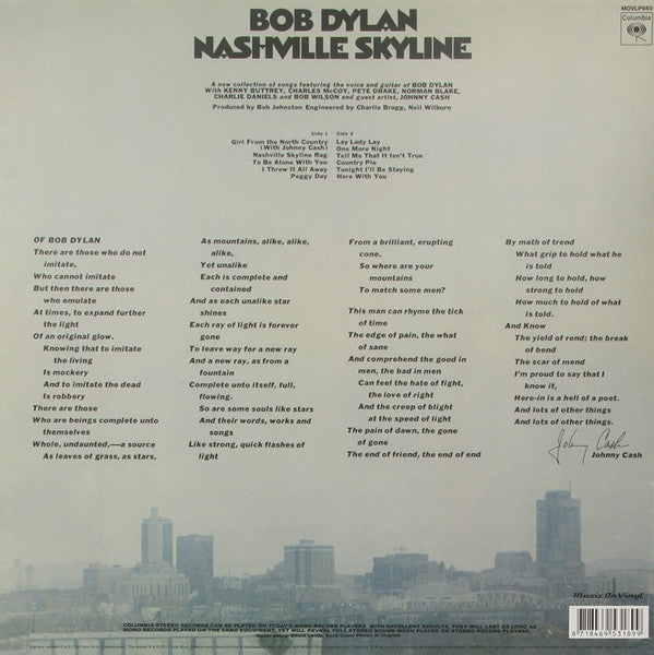 Image of Back Cover of 4844017S: LP - BOB DYLAN, Nashville Skyline (Music On Vinyl; MOVLP660, UK 2010 Reissue, 180 Gram Vinyl)   VG+/VG+