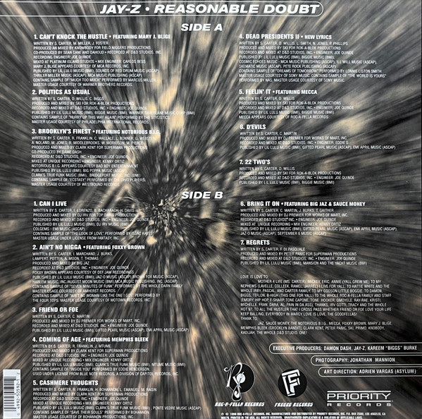 Image of Back Cover of 2xLP - G+/G - JAY-Z, Reasonable Doubt (Rocafella; P1 50592, US 1996, Picture Sleeve), Plenty of surface marks across both discs, but plays well with some surface noise which doesn't overpower. Sleeve has ringwear, creasing, and wear at opening, and  3-4cm splits across back and bottom spine, but still intact.,  - 4326183E