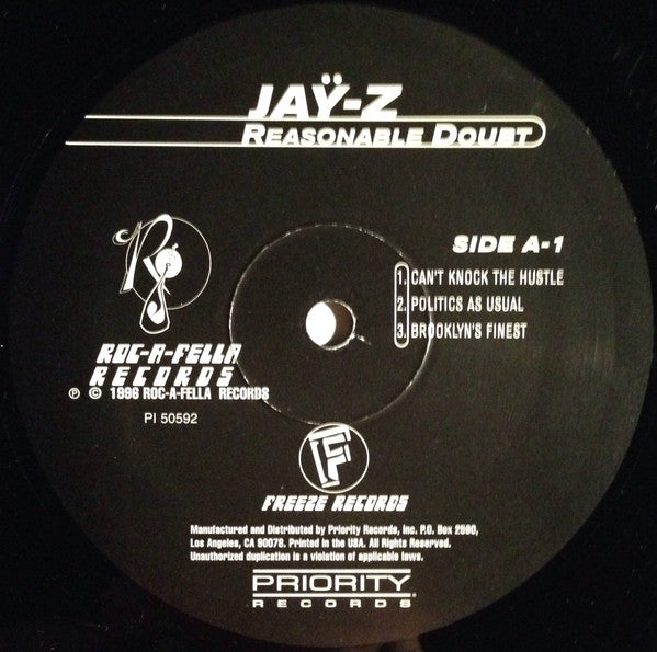 Image of Label Cover of 2xLP - G+/G - JAY-Z, Reasonable Doubt (Rocafella; P1 50592, US 1996, Picture Sleeve), Plenty of surface marks across both discs, but plays well with some surface noise which doesn't overpower. Sleeve has ringwear, creasing, and wear at opening, and  3-4cm splits across back and bottom spine, but still intact.,  - 4326183E