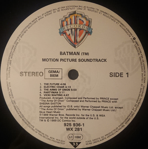 Image of Label Cover of LP - VG/VG - PRINCE, Batman  (Motion Picture Soundtrack) (Warner Bros. Records  ; WX 281, UK 1989, Inner), Strong VG.,  - 0716276C