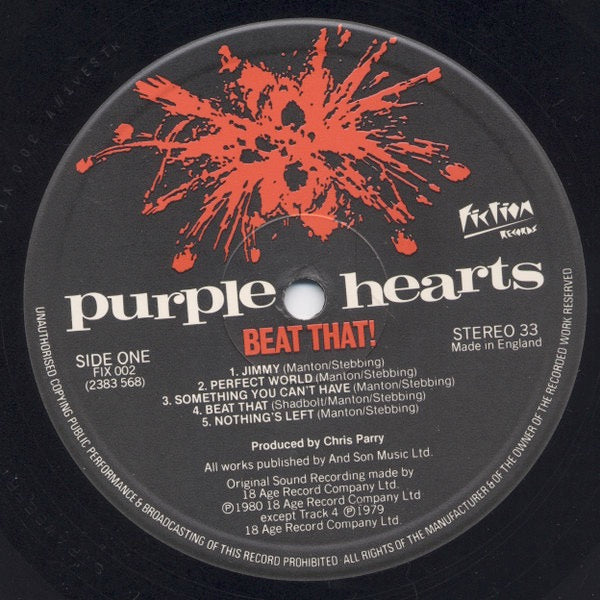 Image of Label Cover of LP - VG/G+ - PURPLE HEARTS, Beat That! (Fiction Records; FIX 002, UK 1980), ,  - 4326297E