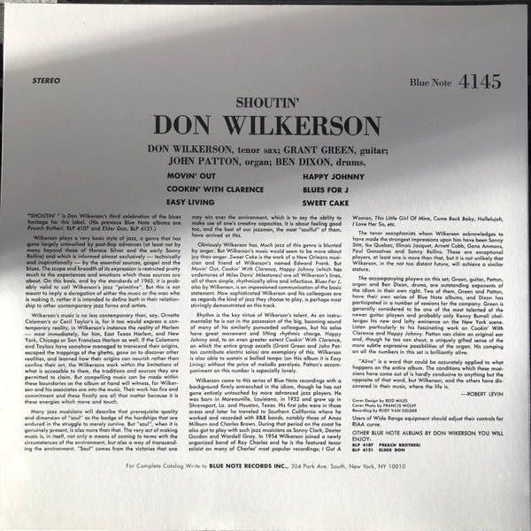 Image of Back Cover of 4614063C: LP - DON WILKERSON, Shoutin' (Blue Note ; BLP 4145, US 2008 Reissue) Top condition throughout.  VG+/VG+