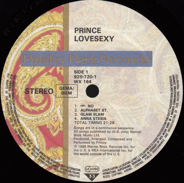Image of Label Cover of LP - VG+/VG - PRINCE, Lovesexy (Paisley Park ; WX 164, Europe 1988, Inner, Teldec Pressing, With Prince Label Credits), Strong VG - a few scuffs & hairlines,  - 2746214S
