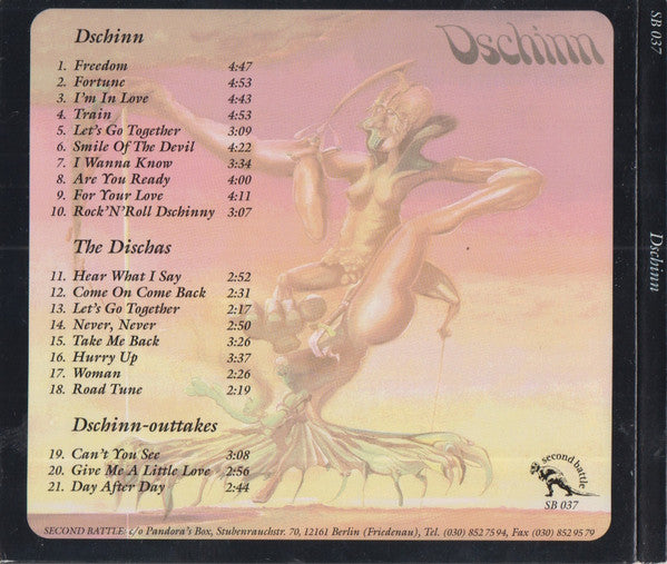 Image of Back Cover of CD - VG+/VG+ - DSCHINN, Dschinn (Second Battle; SB 037, Germany 1997, Digipak, Booklet), , Tremendous German heavy underground band from the South German scene. Began as a psychedelic band and existed under different names (DISCHAS, DSCHINN....) this reissue presents their whole musically history, far out! - 2316279C