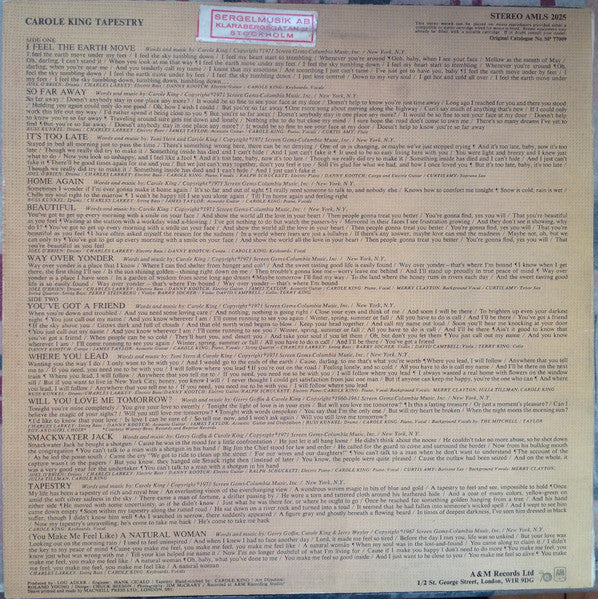 Image of Back Cover of LP - VG/VG - CAROLE KING, Tapestry (A&M Tan With Red Ode 70 Logo; AMLS2025, UK 1971, Single Sleeve, No Made In England on Label, No Asterisk Or Text Beneath A&M Logo), Strong VG,  - 3316528C