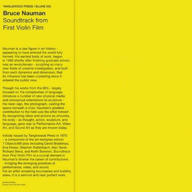 Image of Front Cover of LP - EX/EX - BRUCE NAUMAN, Soundtrack From First Violin Film (Blume ; 005, Italy 2017 Reissue, Inner & Insert With Obi Flap, Yellow Vinyl, Limited Edition of 300), ,  - 1826517E