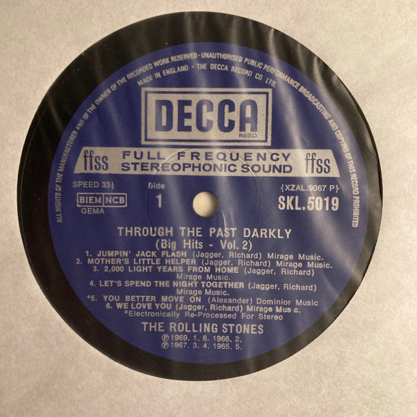 Image of Label Cover of 5144009S: LP - THE ROLLING STONES, Through The Past, Darkly (Big Hits Vol. 2) (Decca Blue Boxed; SKL 5019, UK 1969, Die Cut Octagonal, Die Cut Octagonal Stereo Indicator Inner, Stereo) Just a couple of hairlines, edge wear, Stereo inner very clean  VG/VG+