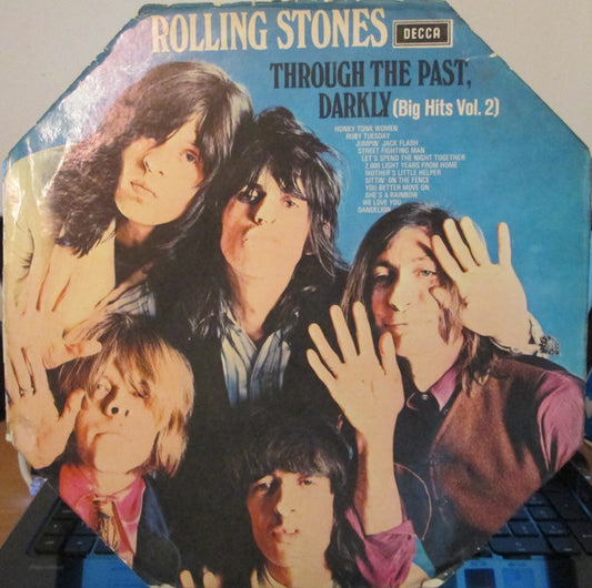 Image of Front Cover of 5144009S: LP - THE ROLLING STONES, Through The Past, Darkly (Big Hits Vol. 2) (Decca Blue Boxed; SKL 5019, UK 1969, Die Cut Octagonal, Die Cut Octagonal Stereo Indicator Inner, Stereo) Just a couple of hairlines, edge wear, Stereo inner very clean  VG/VG+