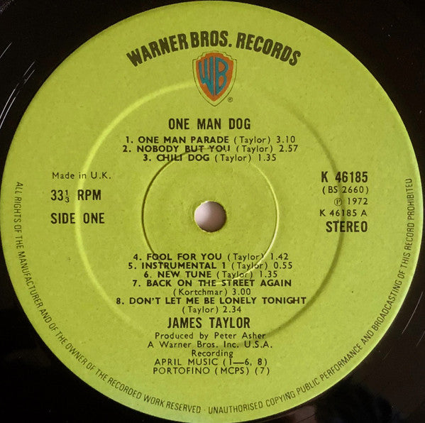 Image of Label Cover of LP - VG+/VG - JAMES TAYLOR, One Man Dog (WB Green; K46185, UK 1972, Insert, Stickered Sleeve), Strong VG,  - 0826288E